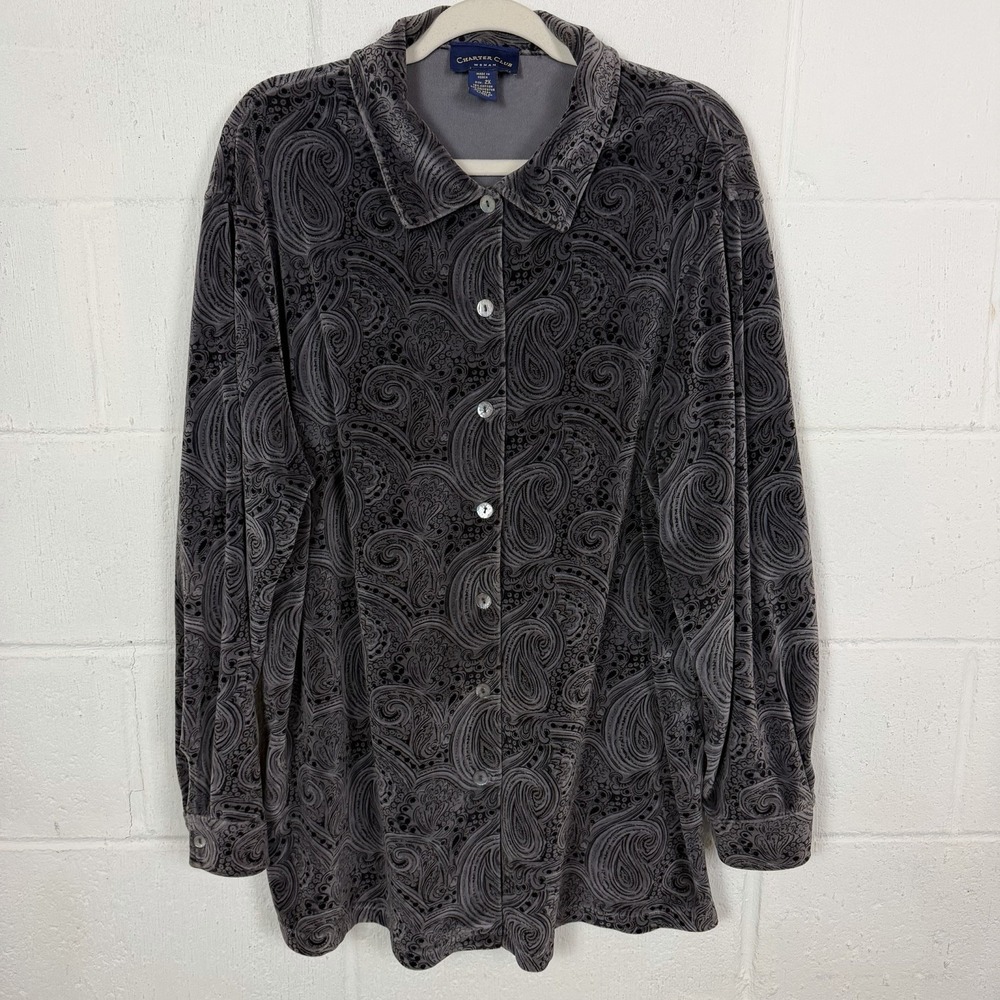 Charter Club Button Up Tunic Shacket Gray Velvet Paisley Office Artsy Moody 2X